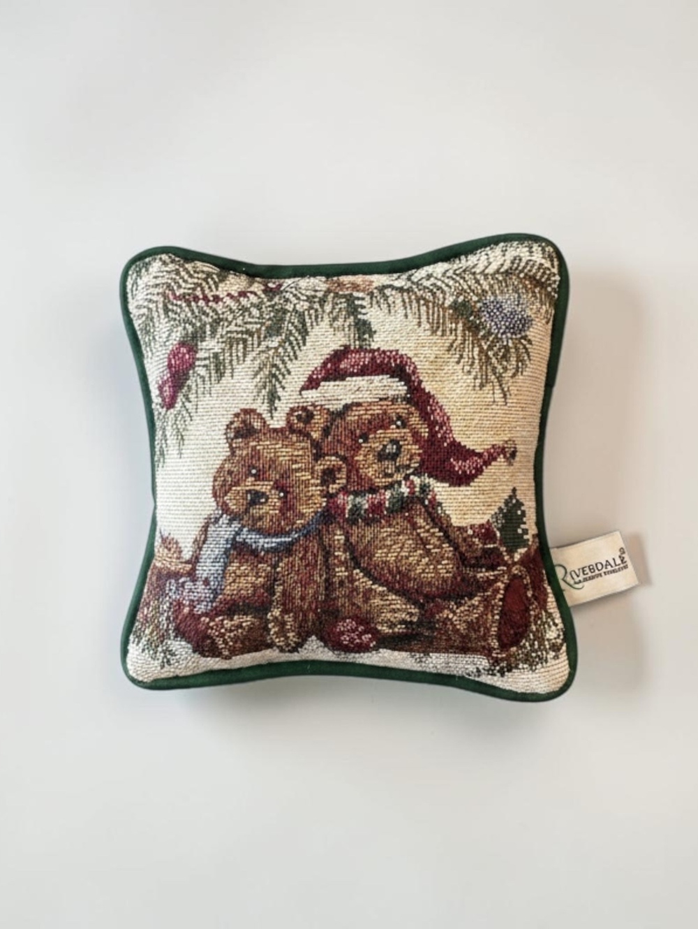 Vintage Riverdale Christmas Teddy Bear Tapestry Accent Pillow Green Decor